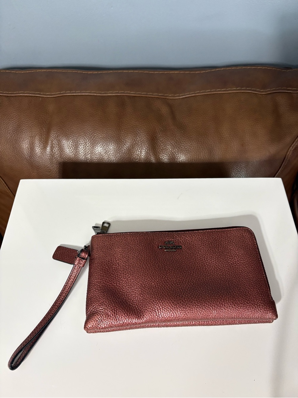 Coach Metallic Rose Gold Leather Wrist Pouch